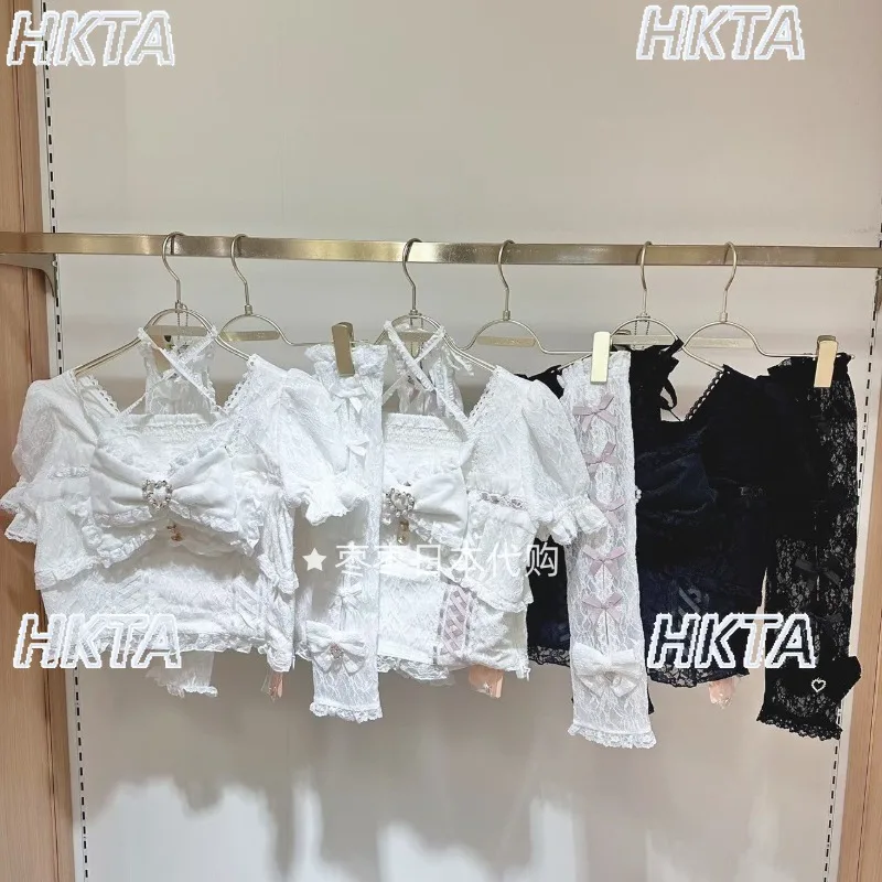 

Японская модная кружевная рубашка Liz для женщин и девочек, блузка в стиле Лолиты, милый эластичный бант, облегающие длинные рубашки с короткими рукавами со съемным бантом