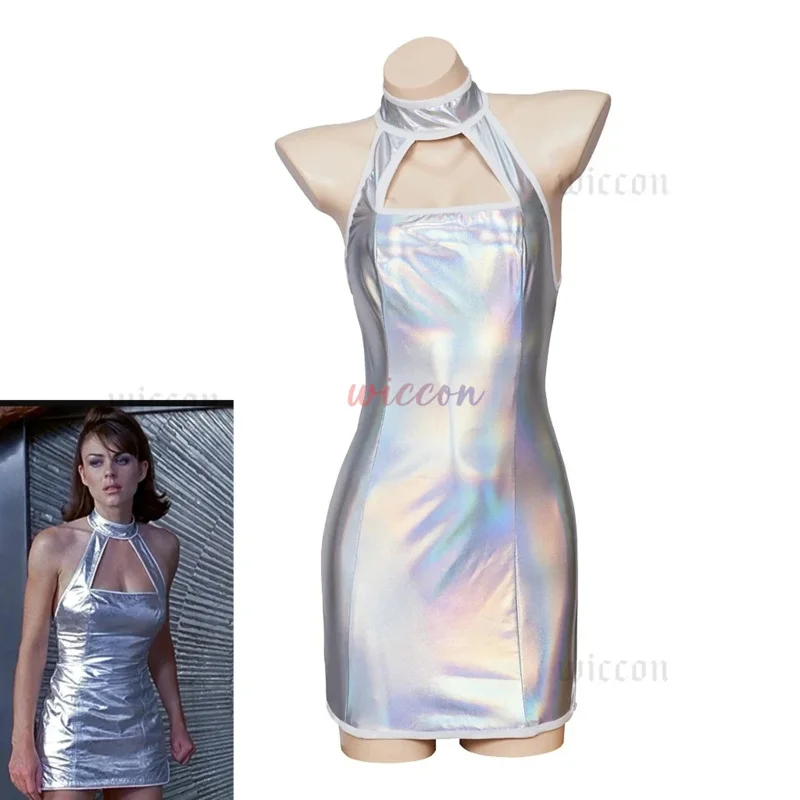 DY20Austin Powers فانيسا أزياء تنكرية فستان الحمالات فانيسا مثير Strappy الرسن الفضة تمتد فستان قصير زي الهالوين