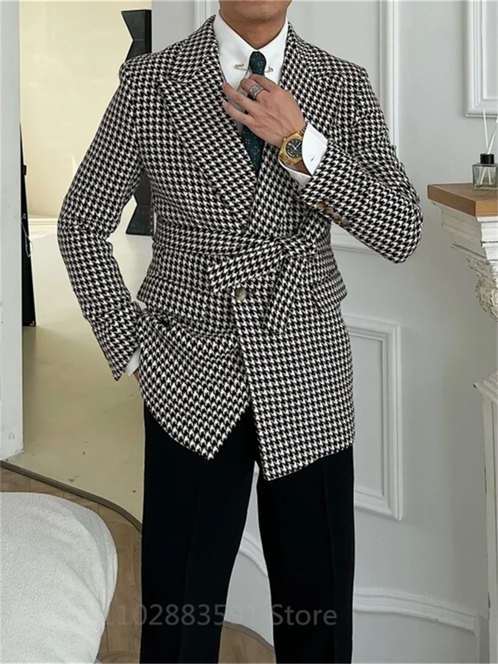 2 Piece Houndstooth Double Breasted Wedding Suits For Men Slim Fit Male Fashion Groom Tuxedo Set With Belt Latest Design