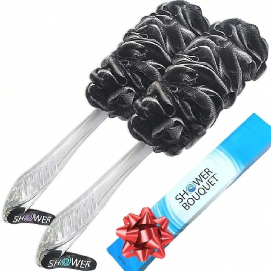 

【New style】Loofah-Charcoal Back-Scrubber and Bath-Sponge Set// 1 Long-Handle-Back-Brush Plus 2 Extra Large 75g Soft Mesh Loofa-