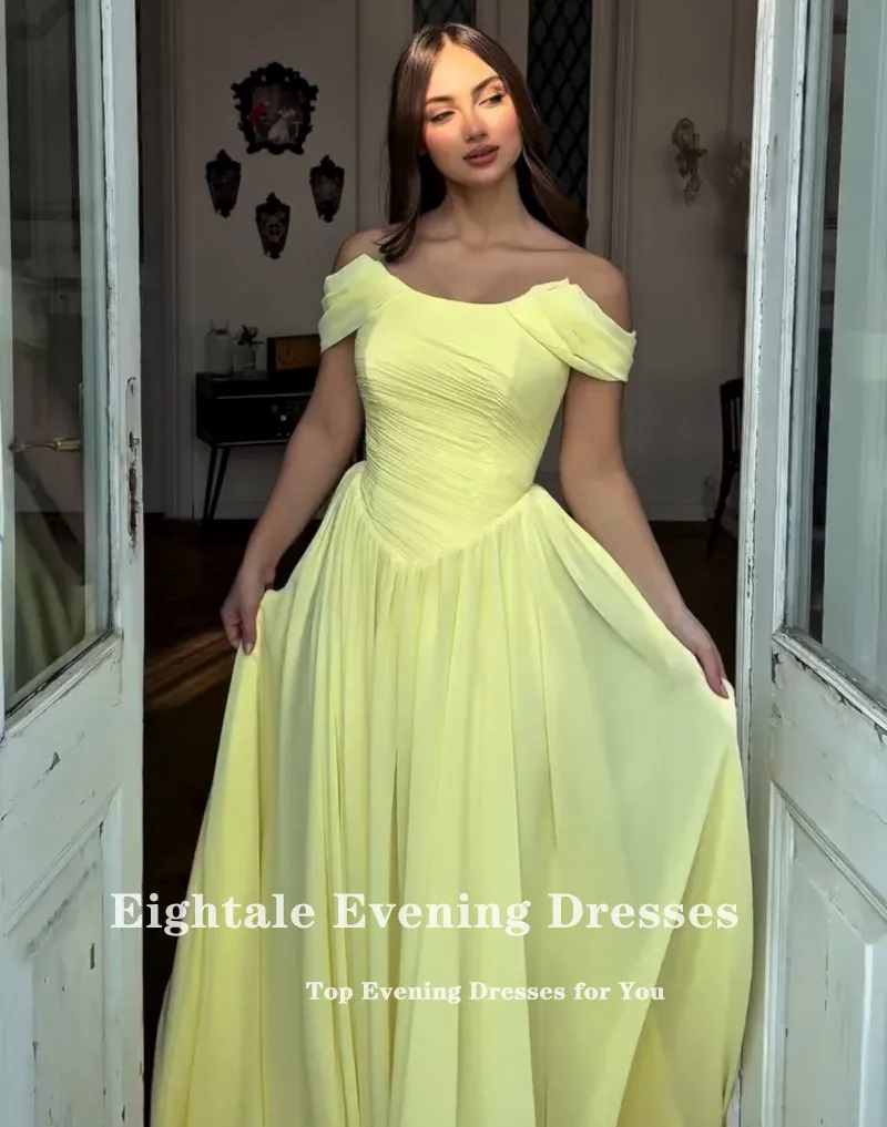 فستان سهرة عربي Eightale بطيات مغرفة مخصصة على شكل حرف A أصفر بطول الأرض بدون أكتاف مثير لحفلات الزفاف وحفلات الزفاف