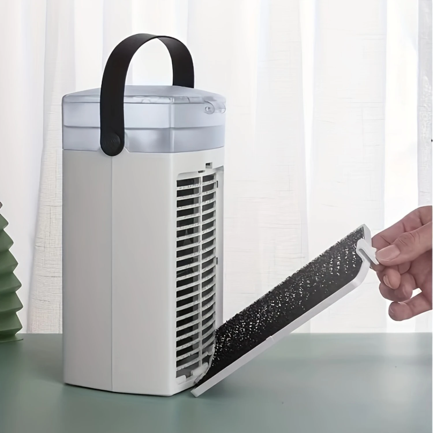 USB 냉기 선풍기, 전면 따뜻한 색상 야간 조명, 물 탱크, 7 가지 색상 조명, 공기 흡입구, 활성탄 필