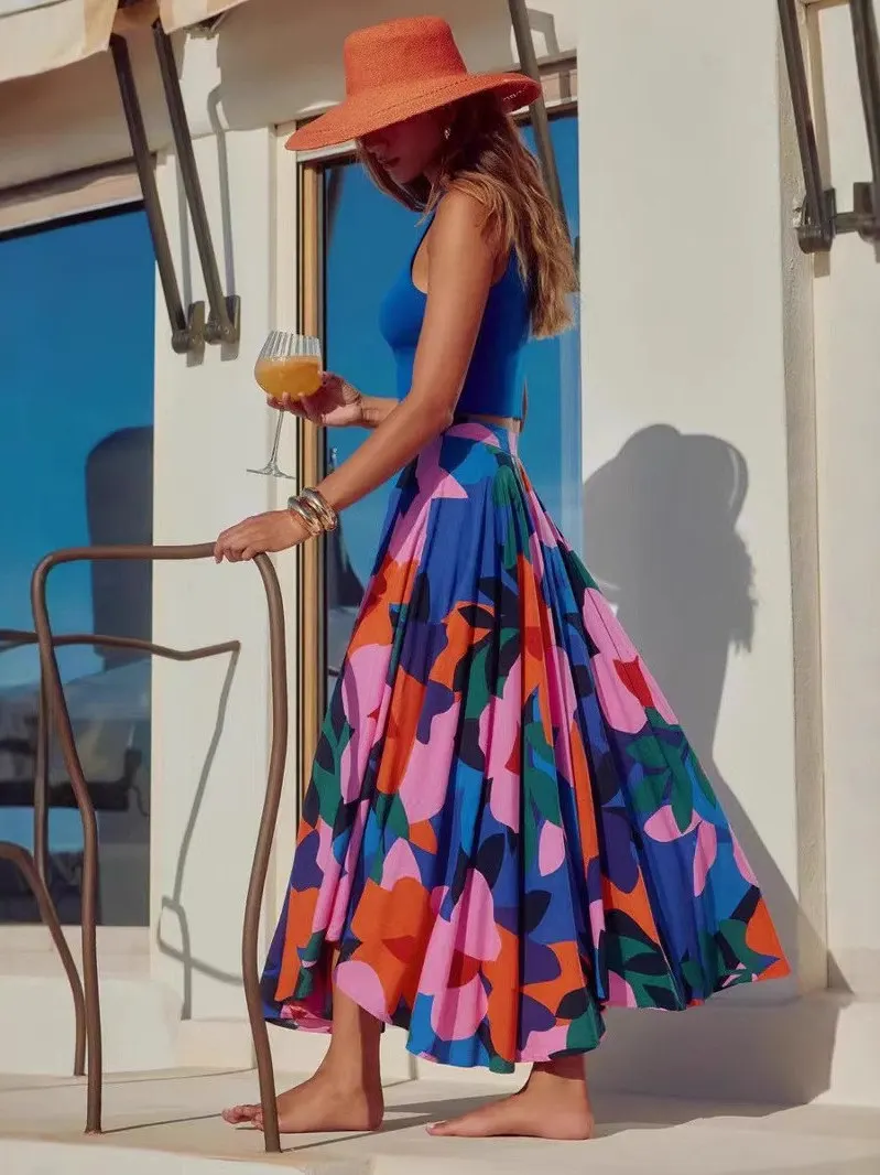 Vacation Style High Waist A-Line Midi Skirt Women's Full Skirt Beach Skirt Slimming Polyester Streetwear Summer 2025