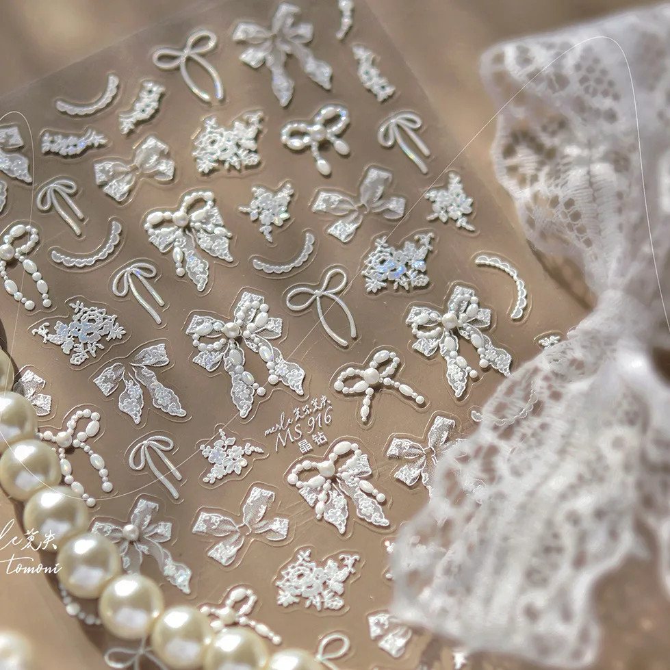 5D Exquisite White Lace Crystal Ribbon Bow Nail Art Stickers Elegant Pearl Bowknot Gauze Flowers Decals Manicure DIY Accessories