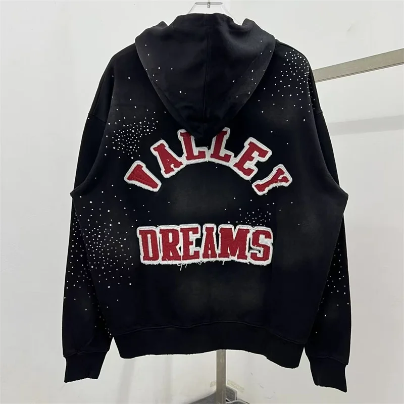 سترات Hot Drill VALLEY للرجال 1:1 أفضل جودة بقلنسوة سوداء كبيرة الحجم باللون الأصفر المغسول