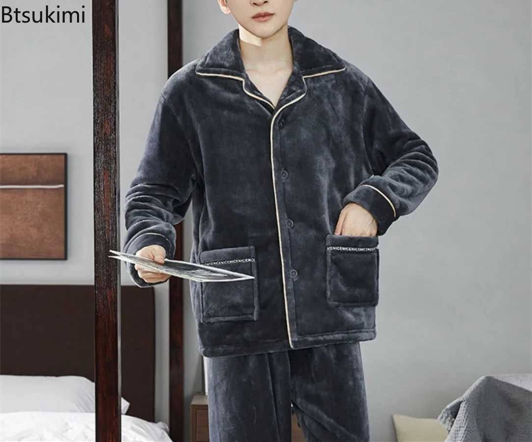 2024 Men's Winter Warm Pajama Sets Thickened Homewear for Men Coral Fleece Nightwear 2PCS Sets Warm Sleepwear Men's Home Clothes