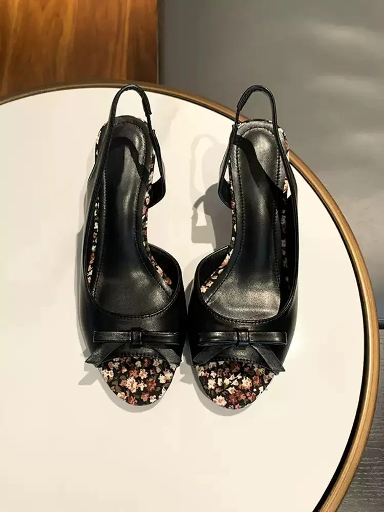 Women's Patent Leather Bow Peep Toe Slingback Heels Floral Print Block Heel Sandals Elegant Casual Slip-On Footwear All-Match