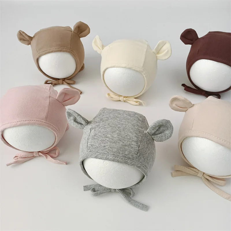 Korean Cute Cartoon Bunny Bear Ear Newborn Hat Beanie Spring Autumn Toddler Cap Turban with Strap for Infant Baby Boys Girls