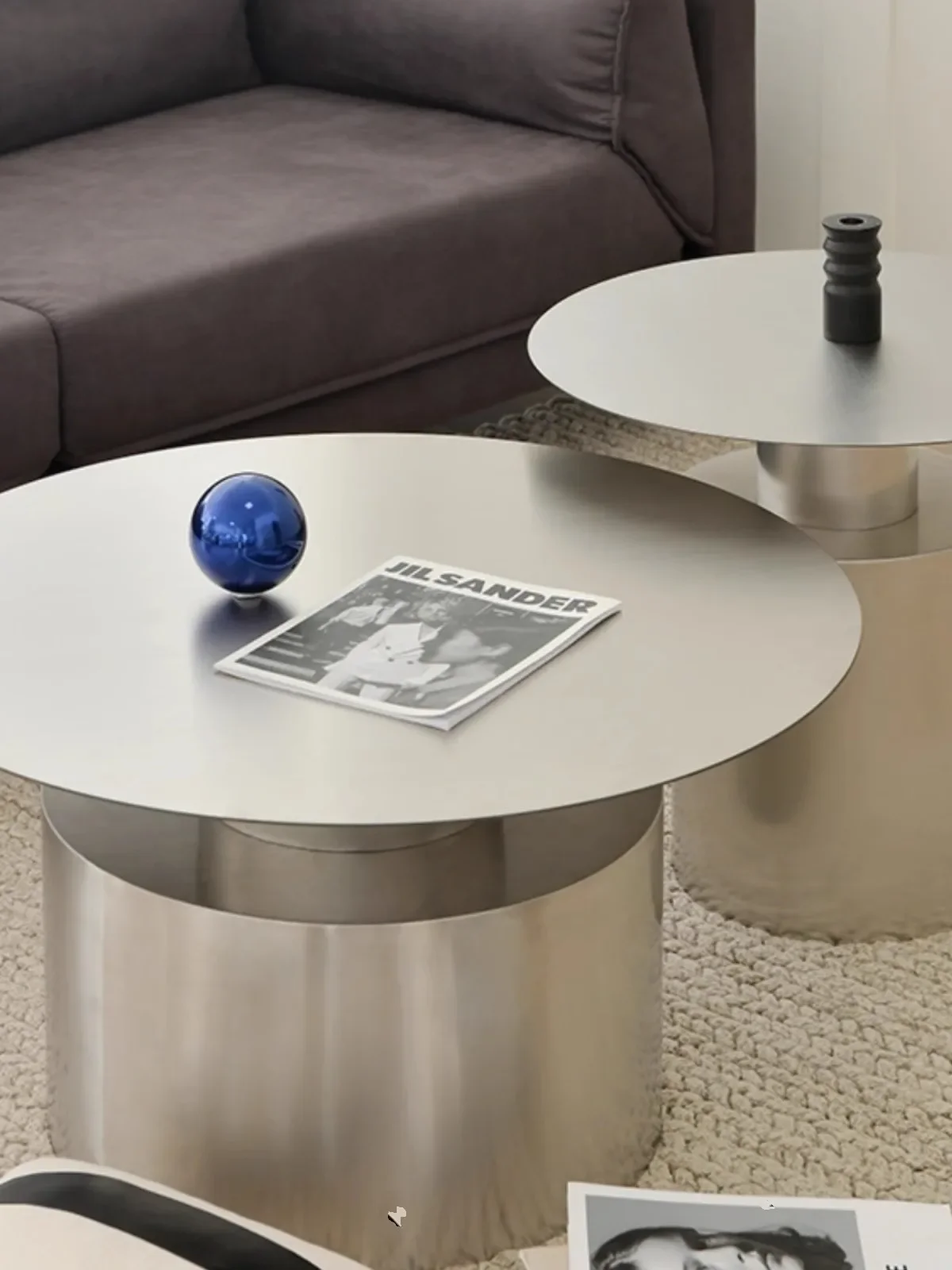 Light luxury round coffee table combination small apartment living room high and low stainless steel round   sofa side