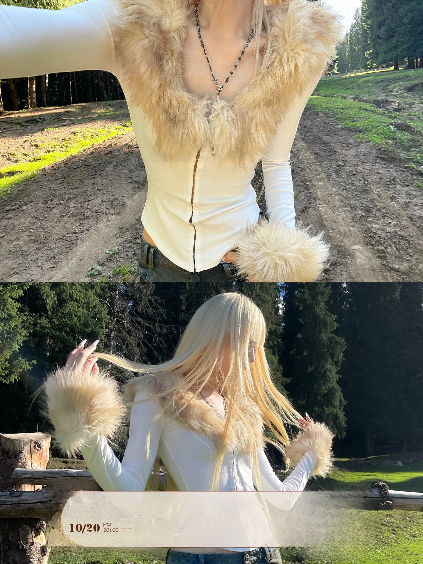 Slim Fit Long Sleeve T-Shirt Rase Le Sol Born Predator with Fur Collar Patchwork Base Layer Women's Fashion Knitted Cotton Blend