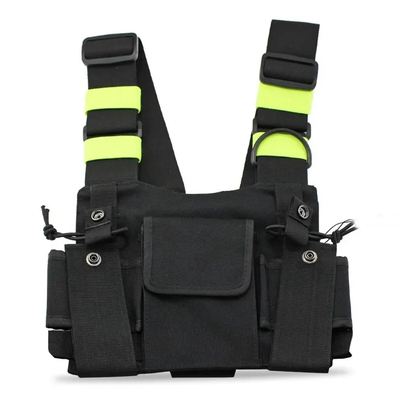 Radio Chest Harness Chest Front Pack Pouch Holster Vest Rig Carry Case w/ Green Reflective Stripe for 2 Way Radio Walkie Talkie