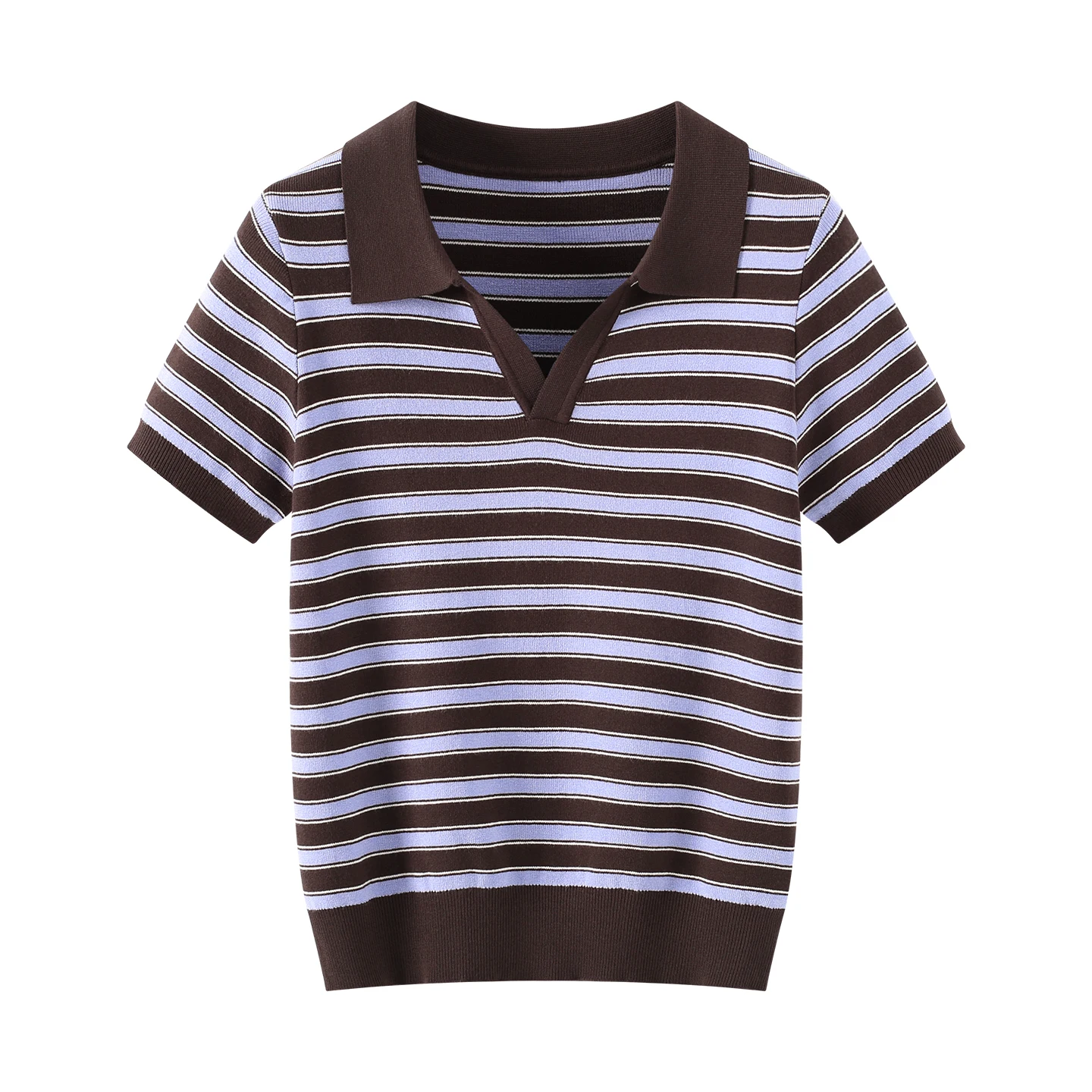 

Brown Blue Striped Polo Collar Knit Top Women V Notch Neck Short Sleeve Slim Fit Casual Summer T Shirts