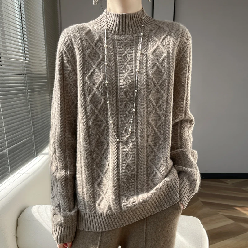 Pull à col roulé pour femme, 100% laine mérinos, pull à la mode, motif de diamants, base chaude, chemise 107, automne et hiver, nouveau