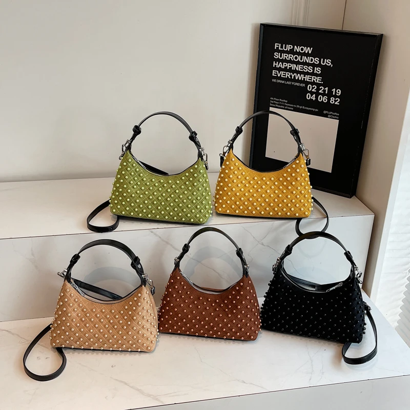 2025 Autumn & Winter New Style Faux Suede Half Moon Shoulder & Crossbody Bags Solid Zipper Beading Retro Handbags for Women #5