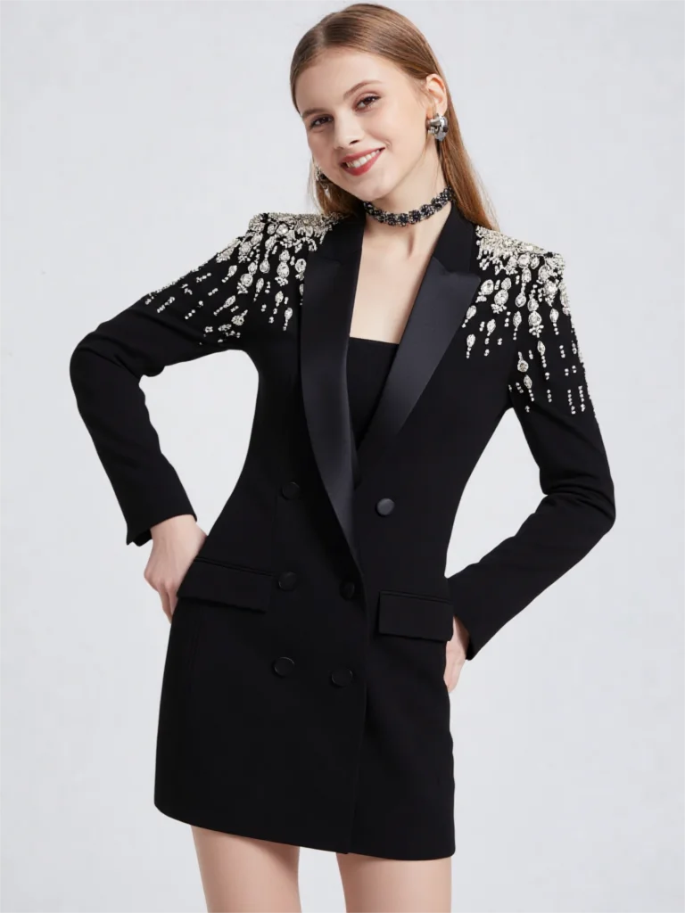 

Весенний деловой пиджак 2026 года в европейском стиле, ручной работы, с бисером и стразами, приталенный, длинный, элегантный, с V-образным вырезом, для вечеринок и деловых мероприятий