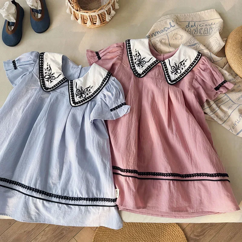 2025 New Summer 2-7Yrs Kids Princess Dresses Short Sleeved Cotton Embroidery Splicing Baby Girl Party Dress Sister Clothing