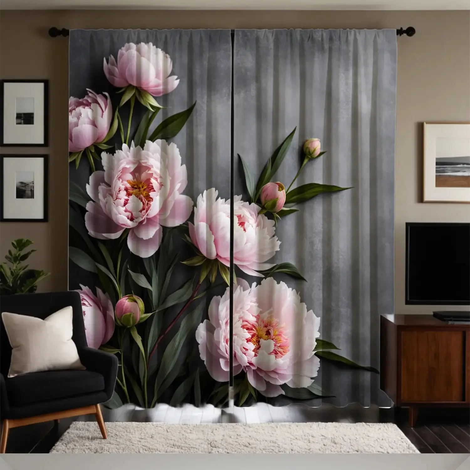 2pc Pink peony print curtains, polyester fabric, machine washable, suitable for bedroom living room decoration