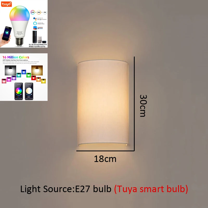 New Modern Minimalist Wall Lamp Bedroom Bedside Light Hallway Lighting Tuya Wi-Fi Bluetooth Smart Linen Fabric Light