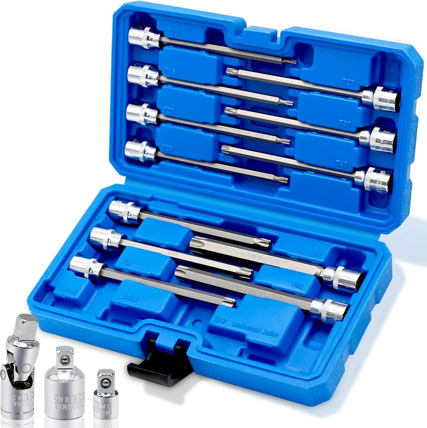 

15-Piece 3/8' Drive Extra Long Torx Bit Socket Set, T10-T60 Star Bit Socket Set, CR-V and S2 Steel