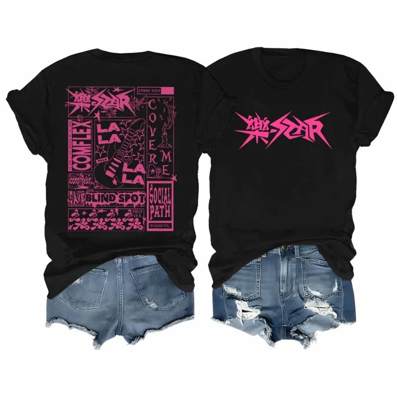Maglietta Stray Kids Maglietta Rock Star Merch Maglietta Kpop a maniche corte Stray Kids Rock Elements Pattern Streetwear