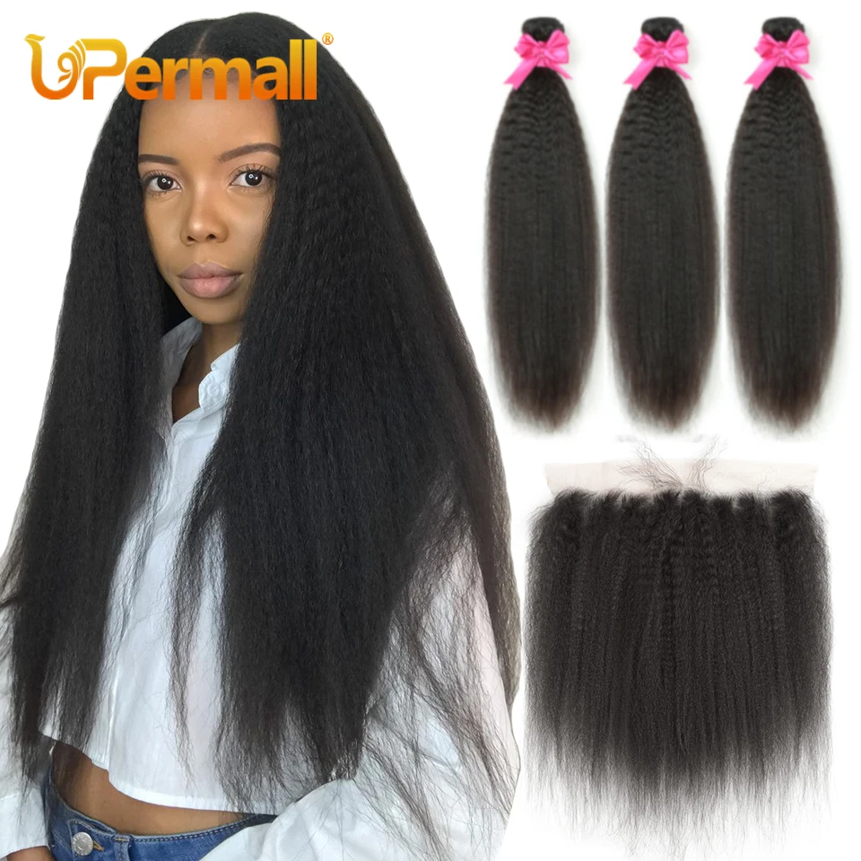 Upermall 2/3/4 Kinky Straight Human Hair Bundles With Frontal Transparent 30Inch Brazilian Yaki Weave and 13x4 Lace Closure Soft