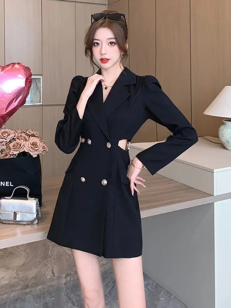 Autumn Spring Black Bodycon Chic Suit Short Dress Women Elegant Office Lady Dress 2024 New Fashion Hollow Out Casual Dress Gown