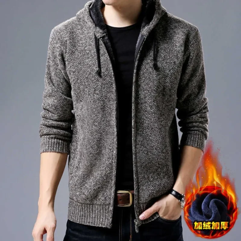 2024 Men's Thick Autumn Winter Slim Hooded Sweater Coat Zipper Cardigan Wool Knitwear Cosy Warm Solid Fashion Casual Hoodie Tops