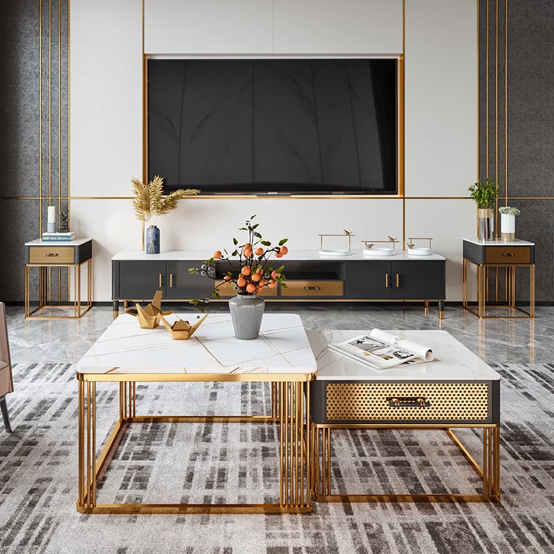 Light luxury rock slab coffee table, household living room coffee table TV cabinet combination ins apartment multi-functional co