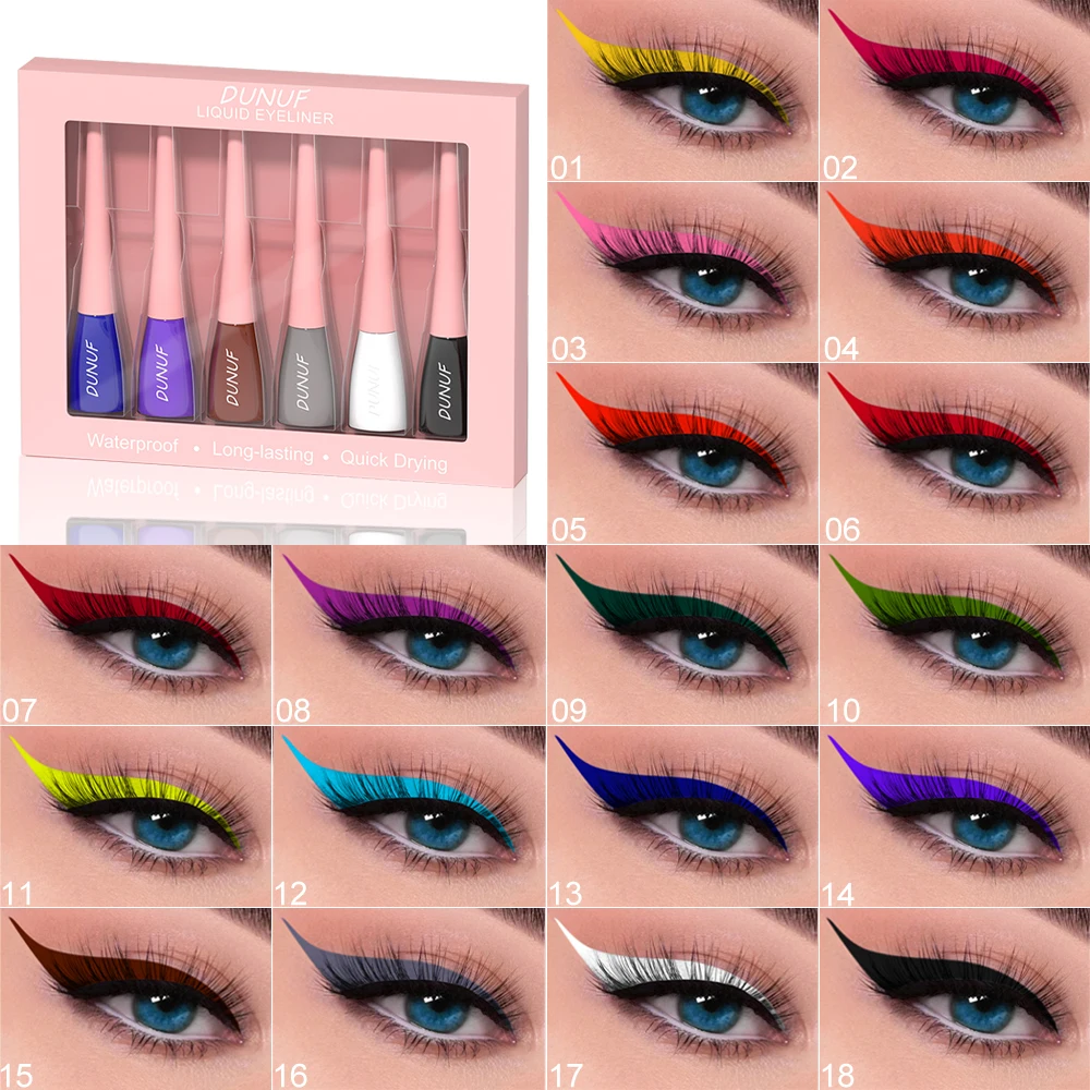 DUNUF 6 pezzi set di eyeliner colorato liquido impermeabile a lunga durata eyeliner ad asciugatura rapida occhi blu bianchi rossi kit di cosmetici di bellezza