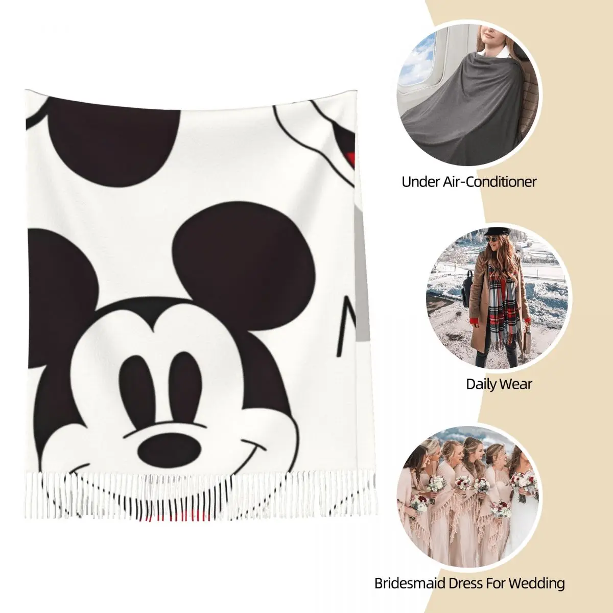 Mickey Mouse Holiday Scarf for Women Fall Winter Cashmere Shawl Wrap Long Large Scarves with Tassel for Ladies