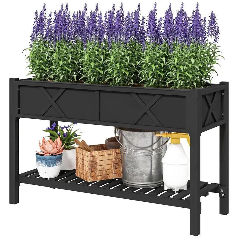 

Raised Garden Bed, 47 x 22 x 31.5 in. Elevated Wood Planter Box with Storage Shelf, Drainage Holes, and Liner, Black