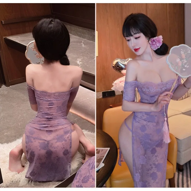 السيدات الملابس الداخلية المثيرة الدانتيل جوفاء خارج منظور فستان أرجواني رغبة نقية ملابس خاصة مجموعة شيونغسام الساخنة