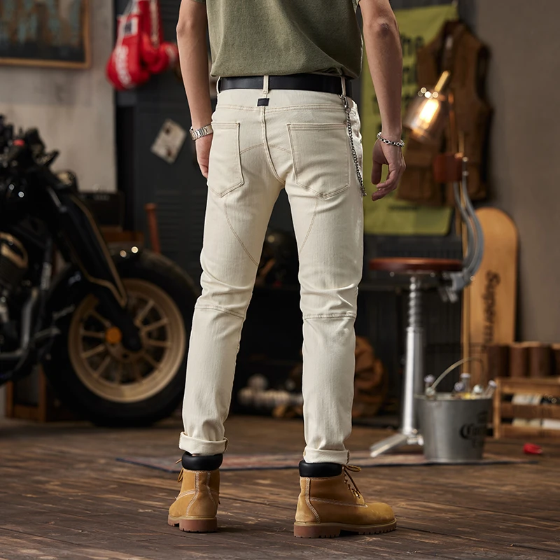 Beige Jeans Men's Slim Fit Fashionable Retro Non-Mainstream Stitching Motorcycle All-Matching Long Pants Nightclub