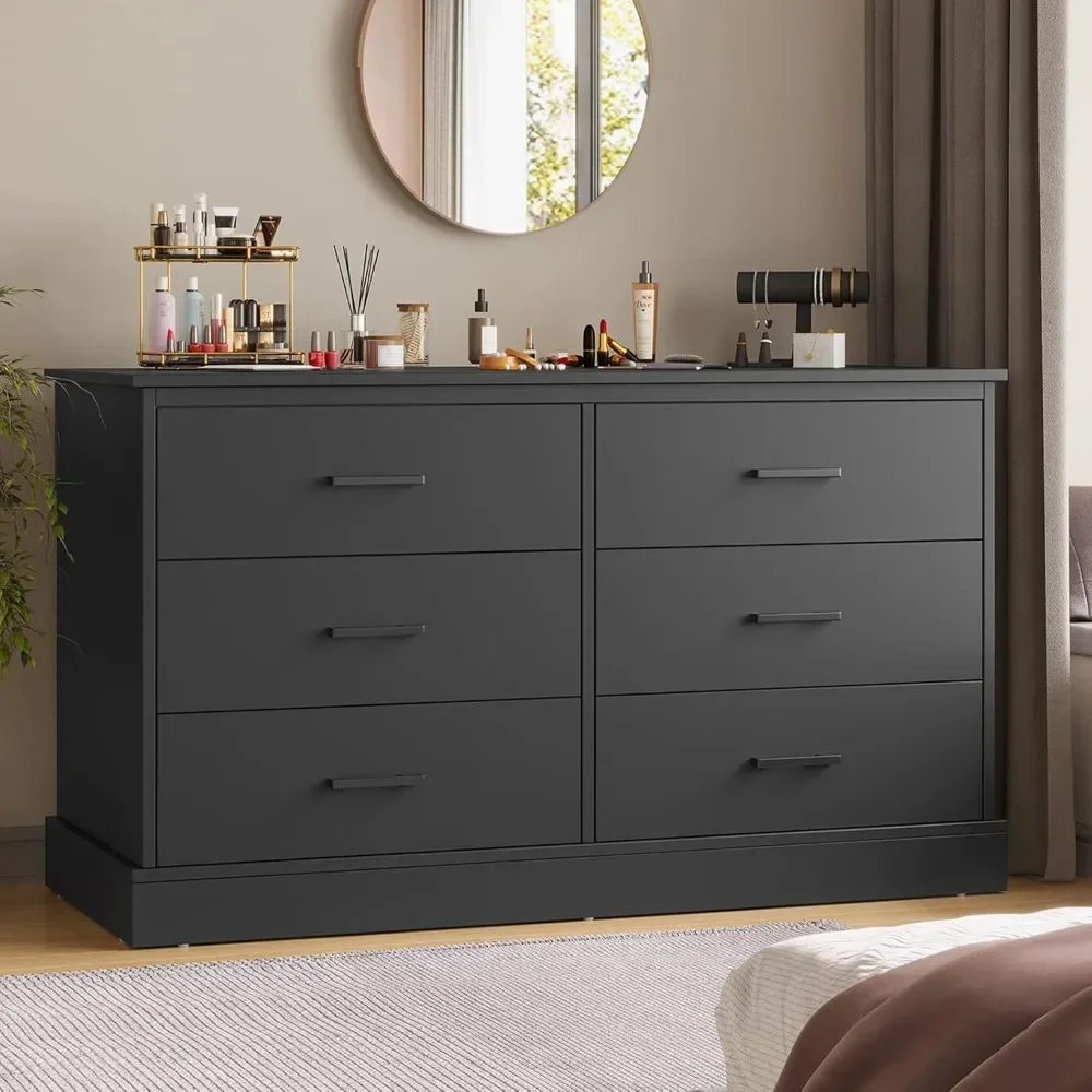 

Black 6 Drawer Double Dresser for Bedroom, Wood Storage Tower Clothes Organizer, Wide Chest of 6 Drawers, Large Storage Cabinet