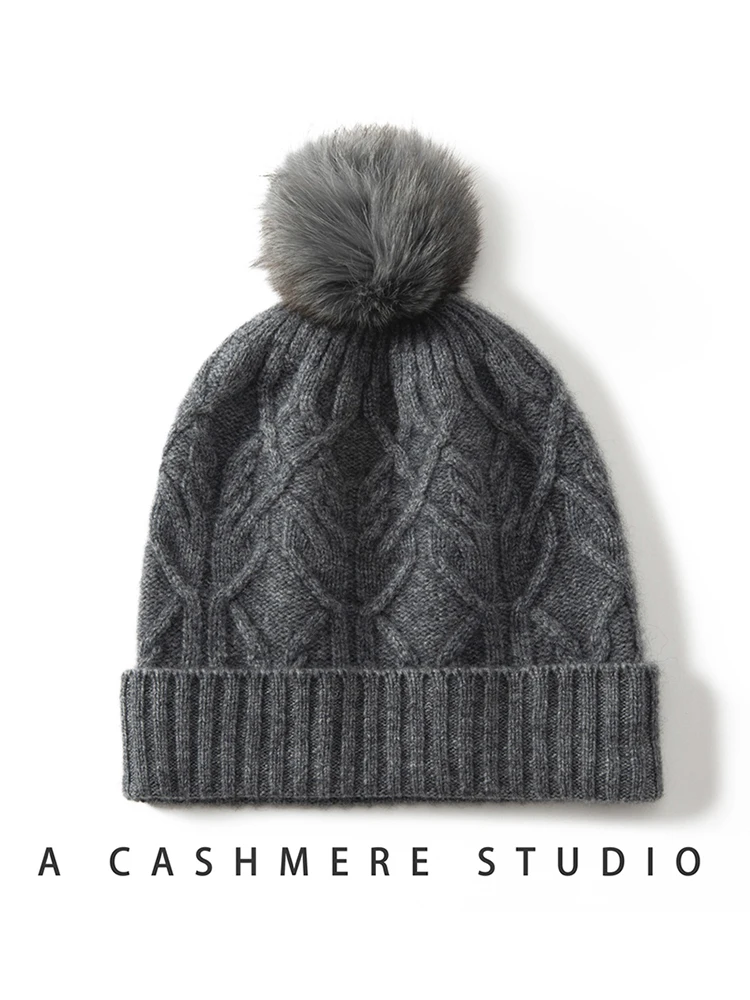 Autumn Winter Women Cashmere Hat 100% Cashmere Cable Knitting Hats Warm Pullover Caps Casual Simple Style Cashmere Hats Tops