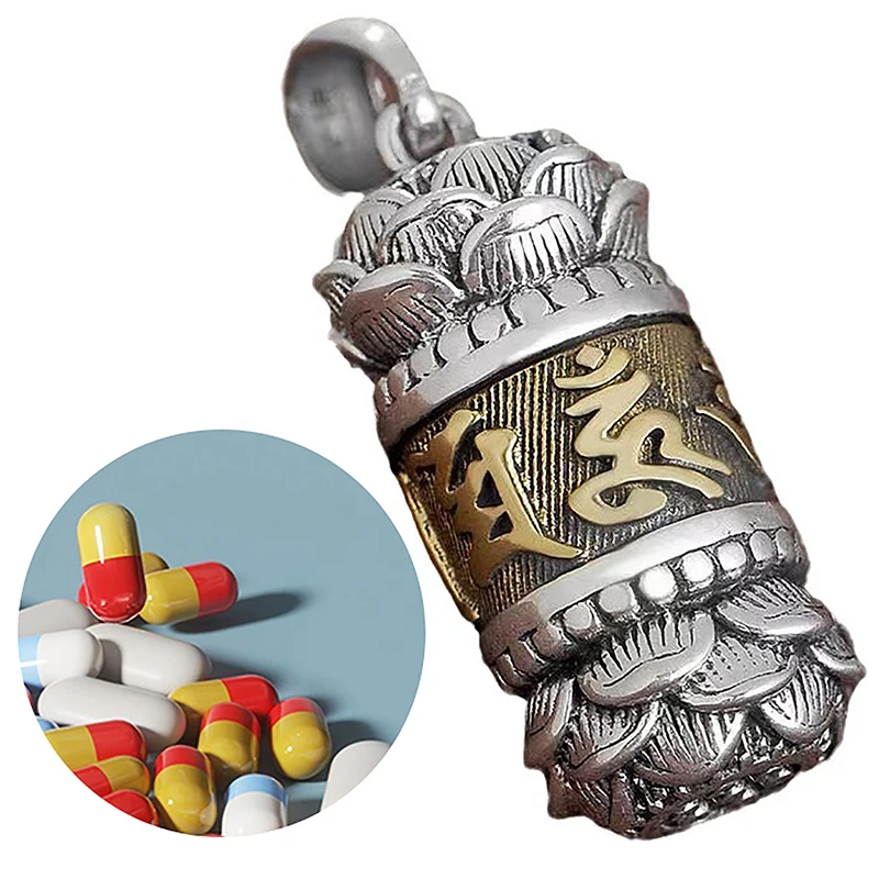 1Pc Hollow Copper Plated Lotus Sutra Cylinder Pendant Keychain Handmade Vintage Pill Box Container Bottle - view 2