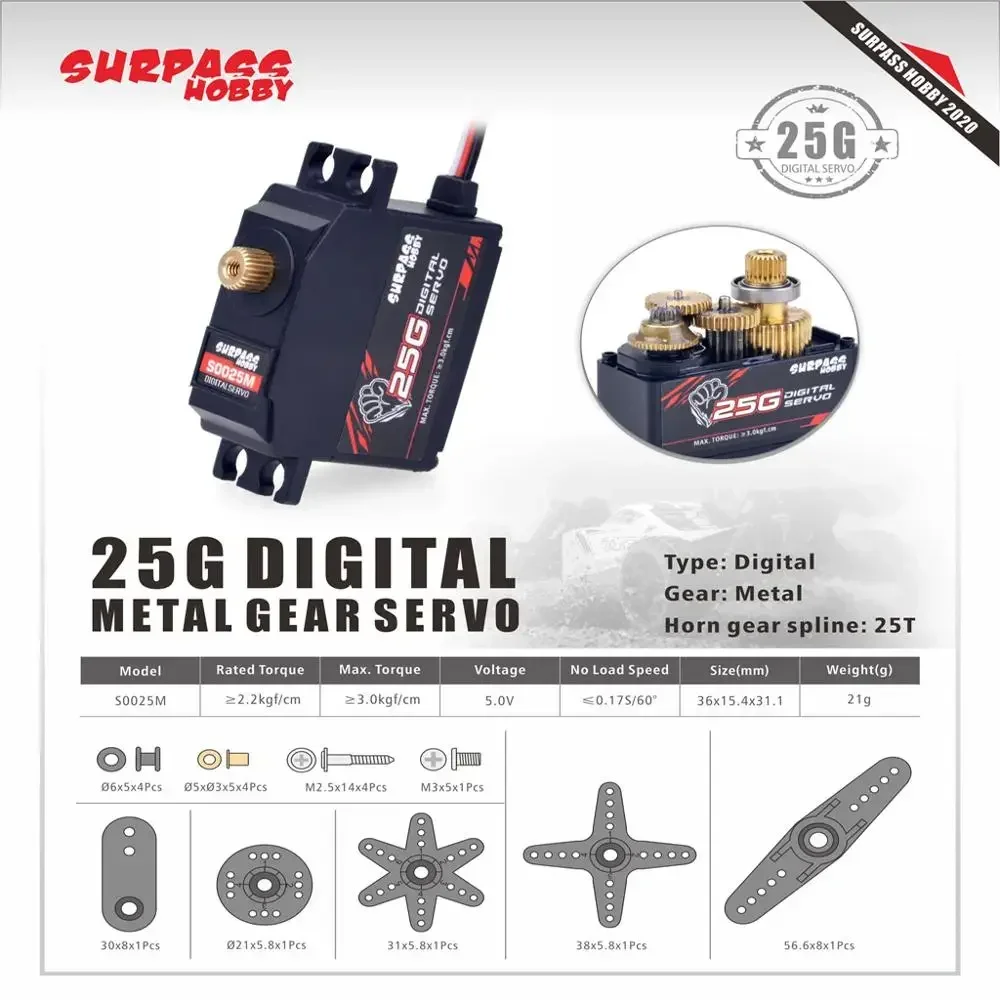 1/2/4 pçs surpass hobby 25g servo digital s0025p s0025m metal plástico engrenagem servo para 1/10 rc carro caminhão avião barco wltoys peças