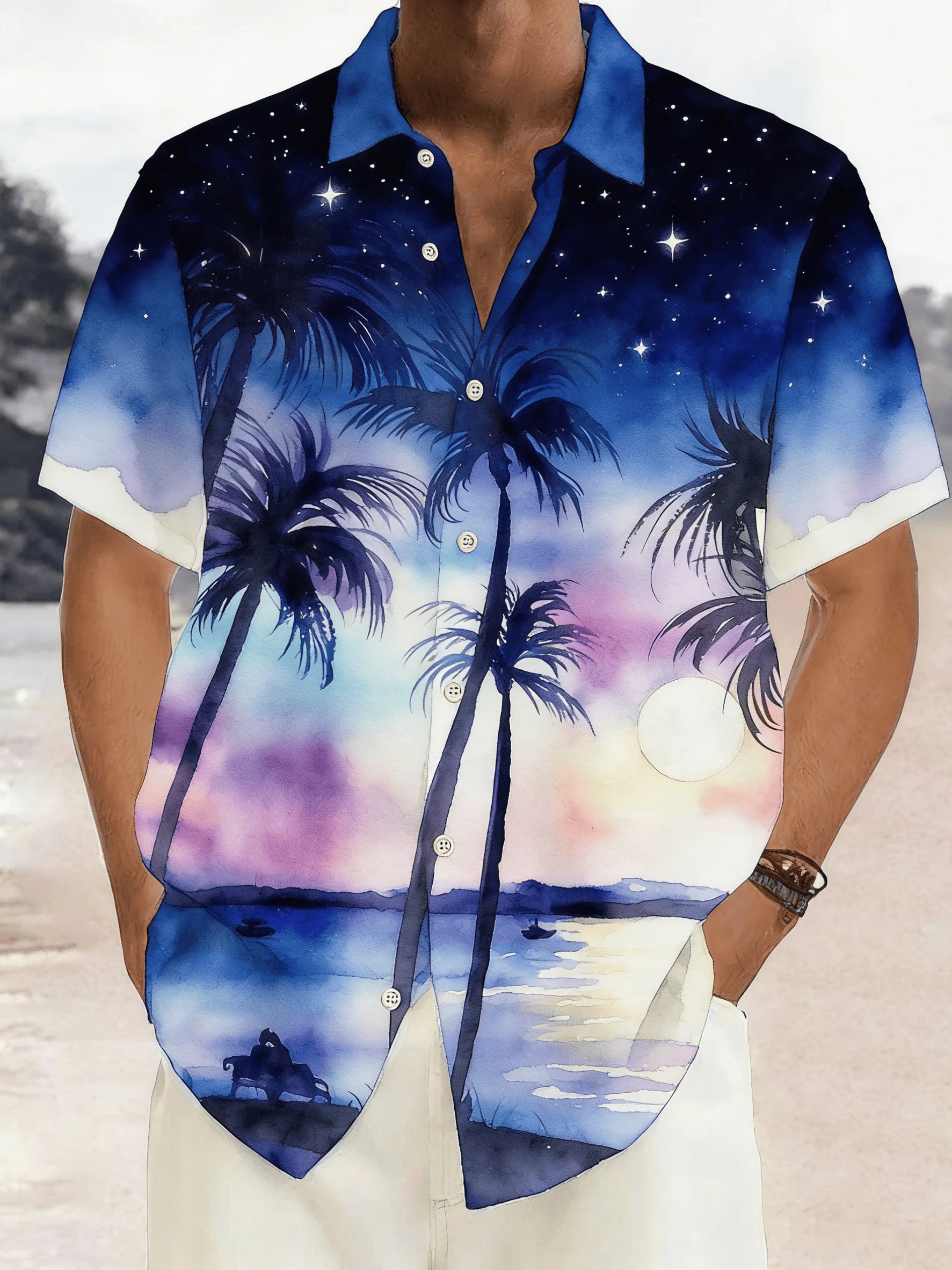 

Men's Watercolor Moonlit Coconut Tree Print Short Sleeve Shirt, Spring Summer Dreamy Vacation Casual Top, Pocket Lapel Style