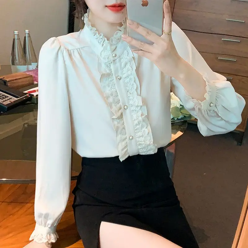 High End Lace and Lace Temperament Black Fungus Edge Stand Up Collar Chiffon Shirt for Women Long Sleeved Ruffle Edge Top Small