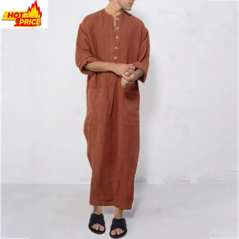 Abito da caftano musulmano con colletto alla coreana da uomo Thobe musulmano per w/tasca solida coagulo musulmano