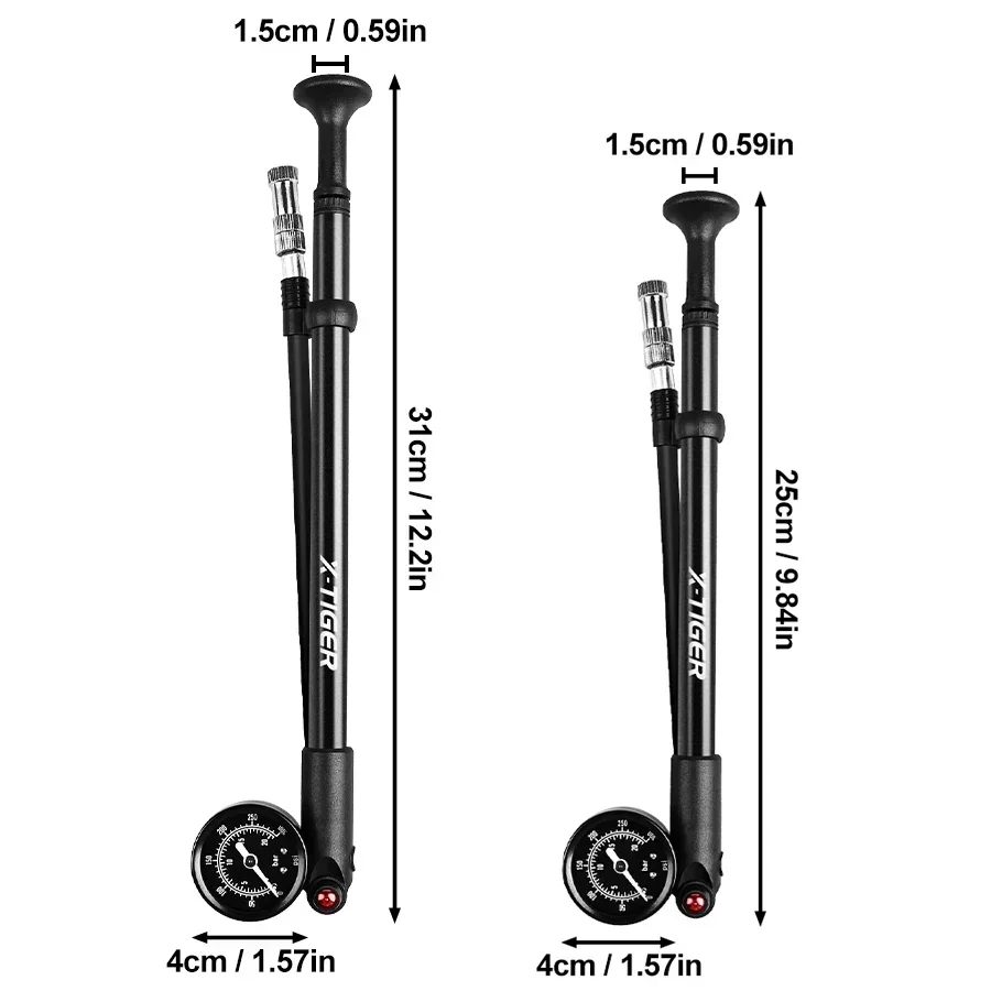 X-TIGER 25cm Bicycle Pump Universal Air Nozzle 300PSI Bike Manual Air Pump with Gauge for Fork & Rear Suspension Shock Absorber