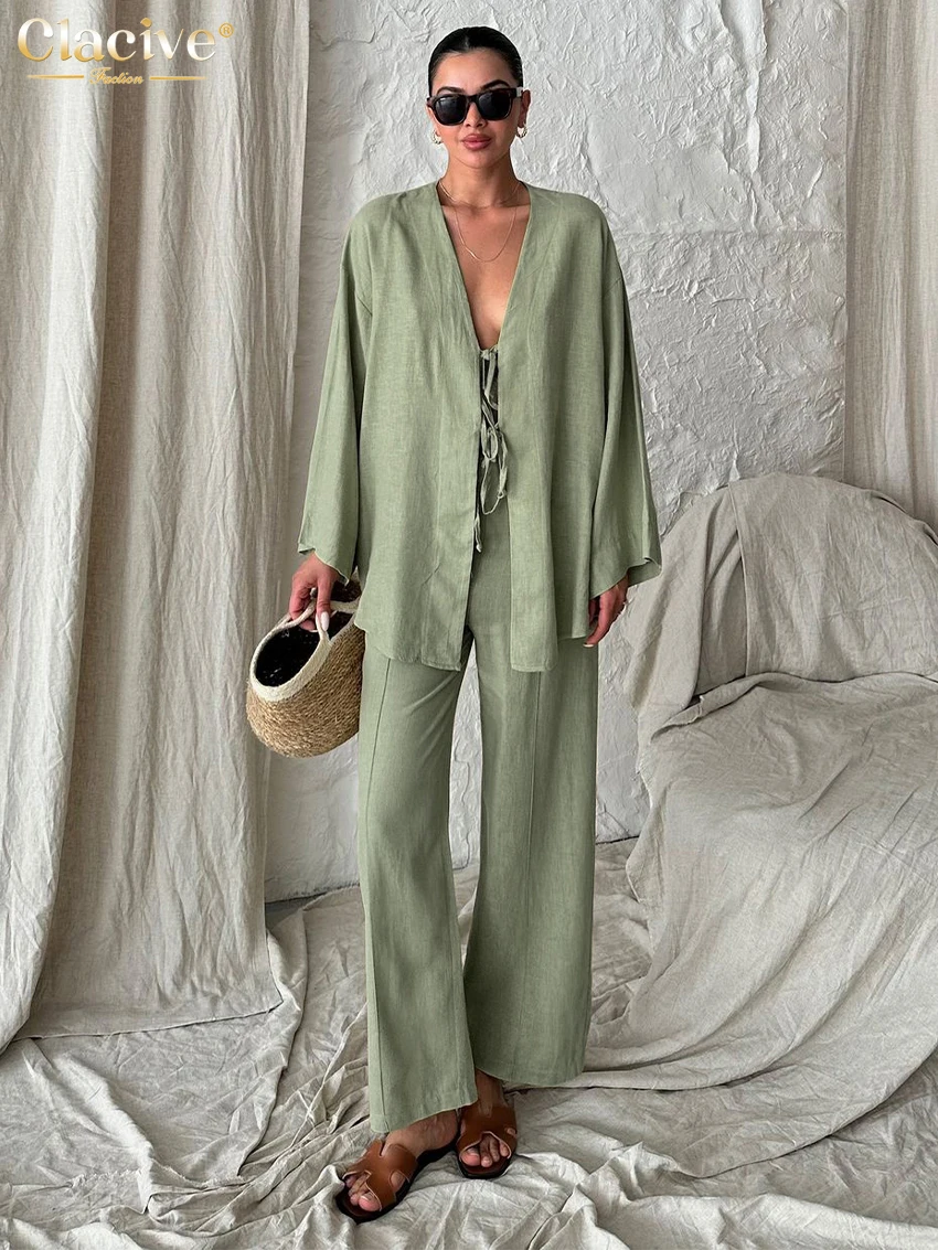 Clacive Fashion Loose Green Cotton 2 Piece Set Women Outfit 2024 Elegant Long Sleeve Shirt With High Waist Wide Pants Set Female