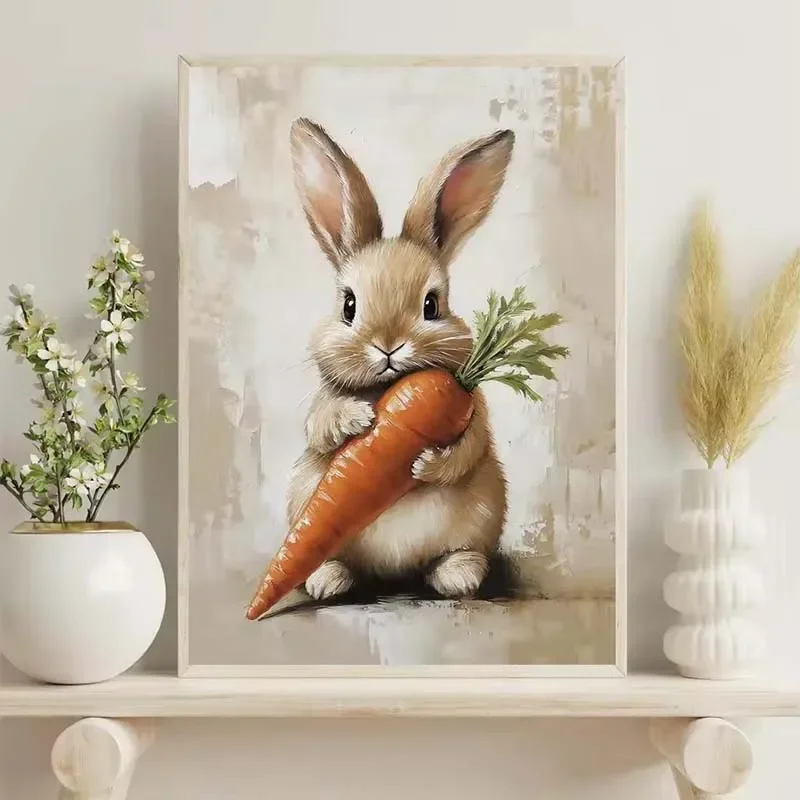 Vintage Cute Easter Bunny Spring Flower Animal Rabbit Carrot Art Poster Canvas Painting Wall Prints Picture for Room Home Decor