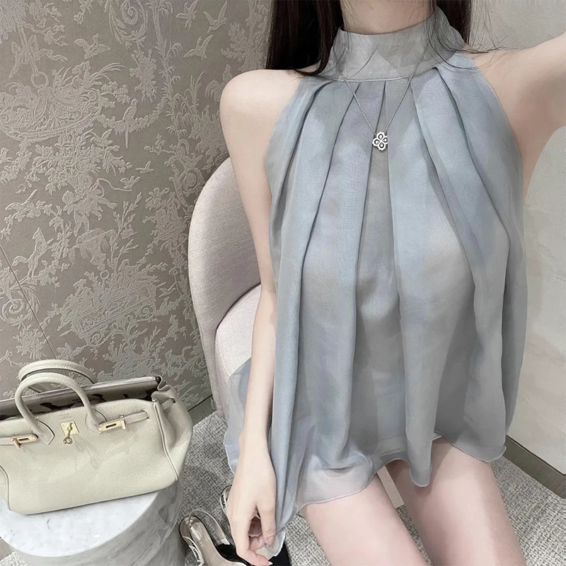 Gray Chiffon Halter Top Women Korean Sexy Off Shoulder Summer Holiday Thin Loose Elegant Solid Shirt Pleated Chic Tulle Pullover