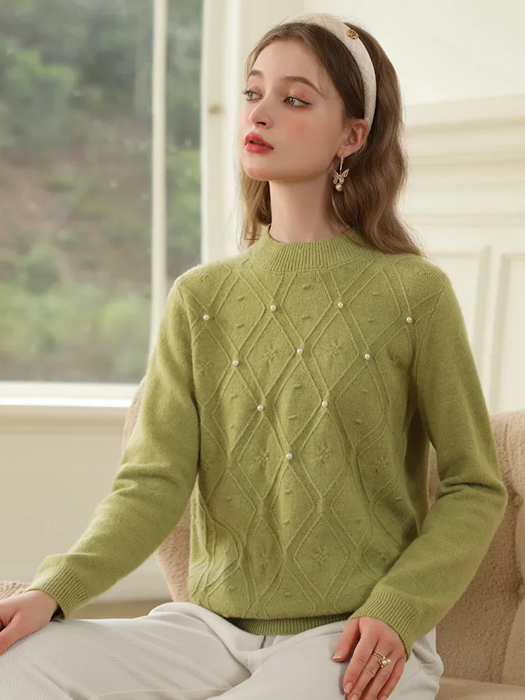 I BELIEVE YOU Green Women\'s Sweaters Lazy Wind Diamond Grid Nail Beads Loose 2024 Soft Knitwears Jumper Winter New 2234125194