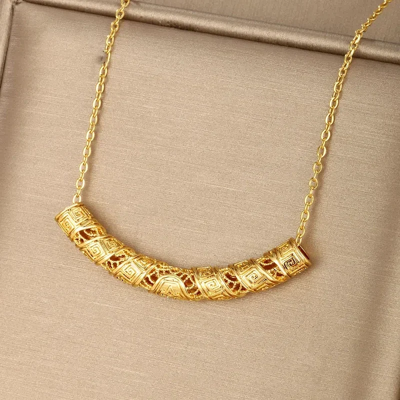 24K real gold ingot hollow pipe pendant Pendant women's necklace 999 pure gold fashion retro ethnic style jewelry