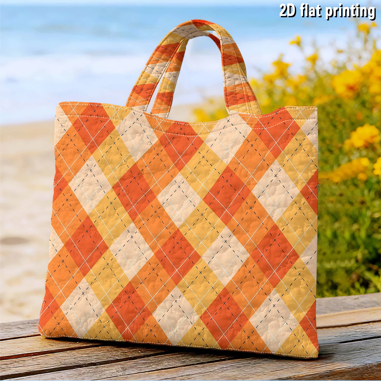 Orange & Yellow Argyle Decorative Large Capacity Canvas Shoulder Bag Dual Side Print Tote Bag Daily Shopping Bag Fashion Handbag