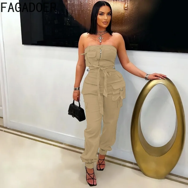 FAGADOER 캐주얼 카고 포켓 패치 워크 점프 슈트 여성 민소매 백 레스 Bodycon Rompers 여성 streetwear 오버올 여름 신작