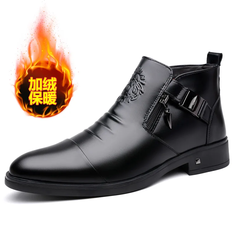 أحذية تشيلسي الشتوية للرجال، أحذية جلدية صوفية جديدة، أحذية جلدية كاجوال ومريحة ودافئة