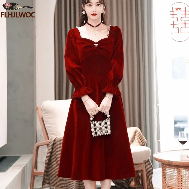 New Year Christmas Chic Elegant Annual Meeting Red Dress Women Square Neck French Design Bling Bride Long Velvet Dresses Vestido - AliExpress New Year Christmas Chic Elegant Annual Meeting Red Dress Women Square Neck French Design Bling Bride Long Velvet Dresses Vestido - AliExpress